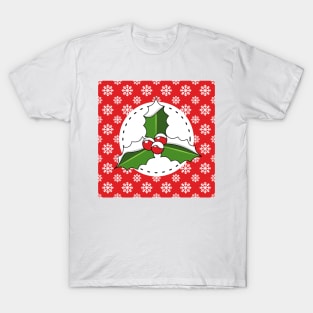 Holly Berry on Red White Snowflakes Pattern T-Shirt